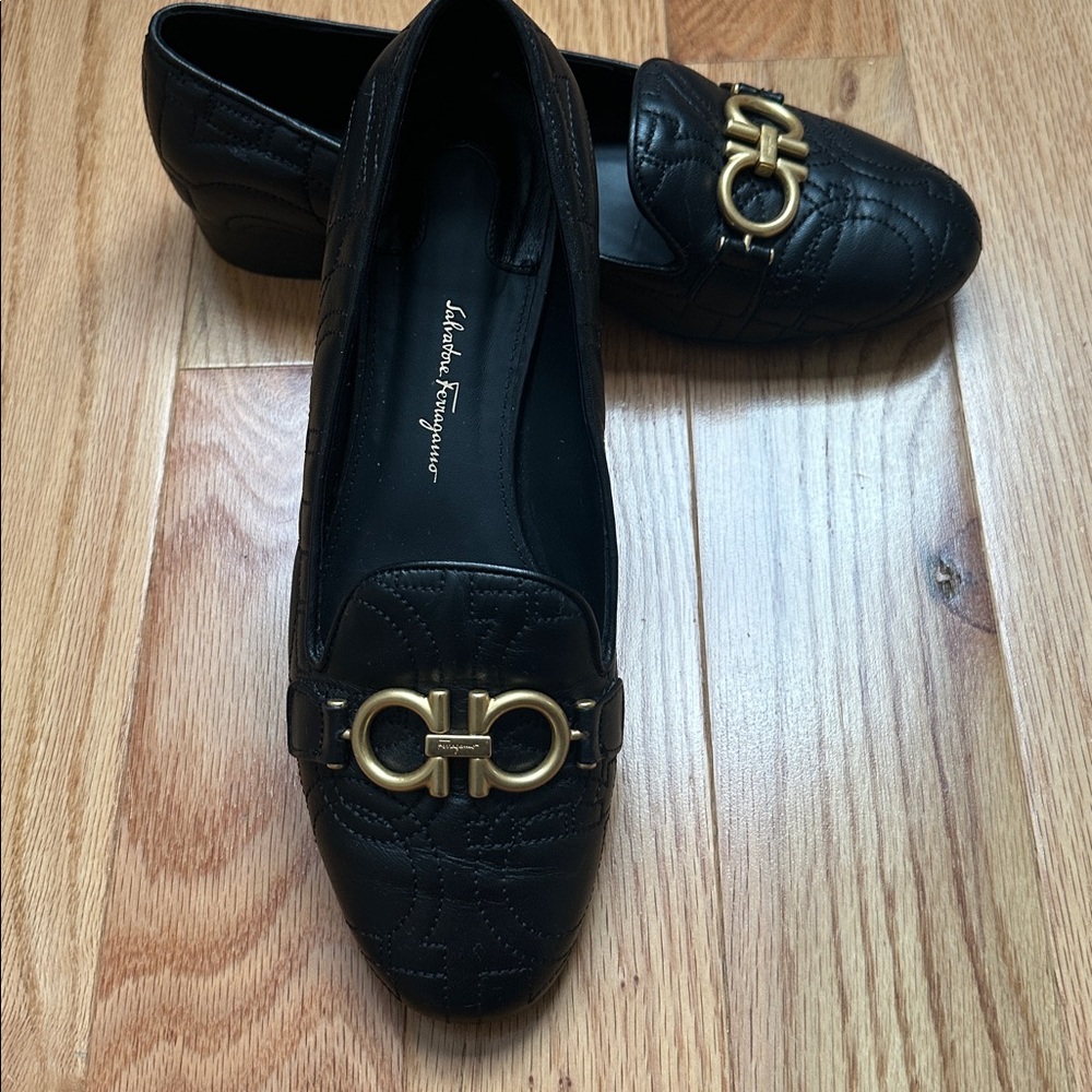 Salvatore Ferragamo Quilted Black Loafers with Gold Accent